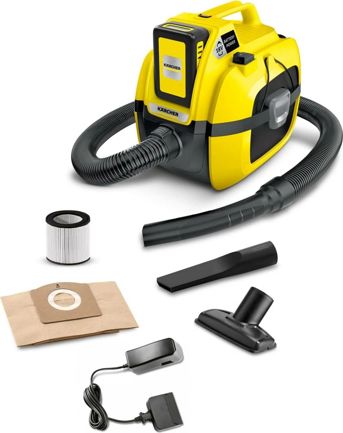 Fshesë me vakum lagë-thatë pa kabllo, Karcher WD 1 Compact Battery complete 1.198-301.0, 18 V, 230 W, 7 L, me bateri dhe karikues, e verdhë