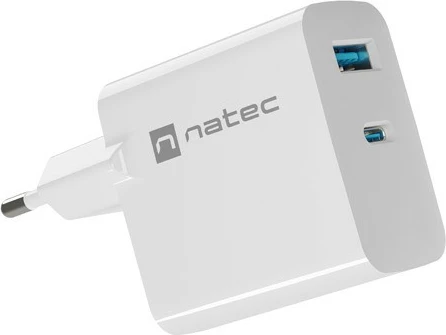 Karikues muri Natec Ribera GaN, 65W, 1x USB-A + 1x USB-C, Bardhë