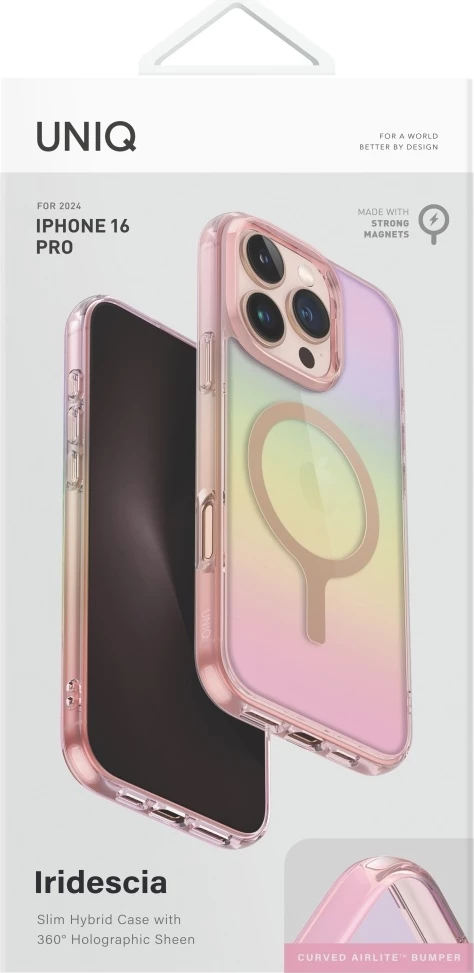 Mbështjellës UNIQ Iridescia Magclick Charging për iPhone 16 Pro, Rozë