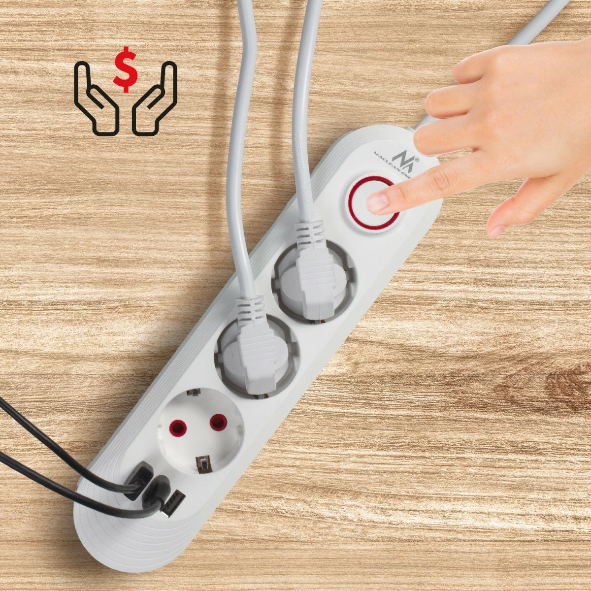 zgjatës elektrik, Maclean, MCE394 W, 3x Schuko + 3x USB, kabllo 1.5 m, 2500 W, 110-240V 50/60Hz, çelës ON/OFF, i bardhë