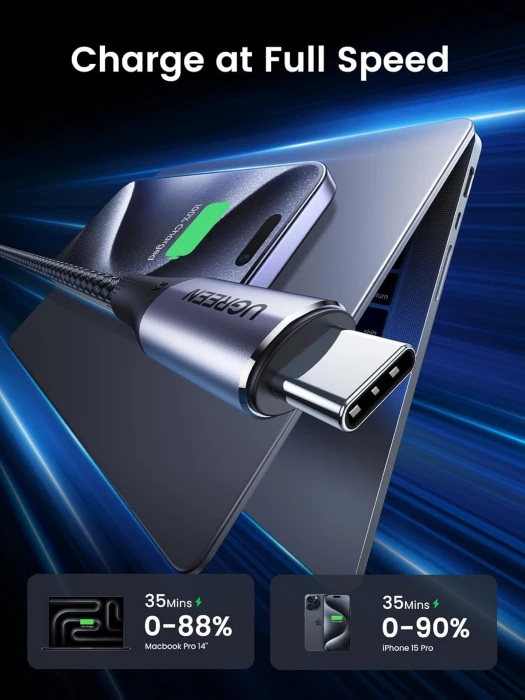 Kabllo USB-C në USB-C UGREEN 80150, USB 3.1 Gen2 10Gbps, PD 240W, 4K@60Hz, 1m, e zezë