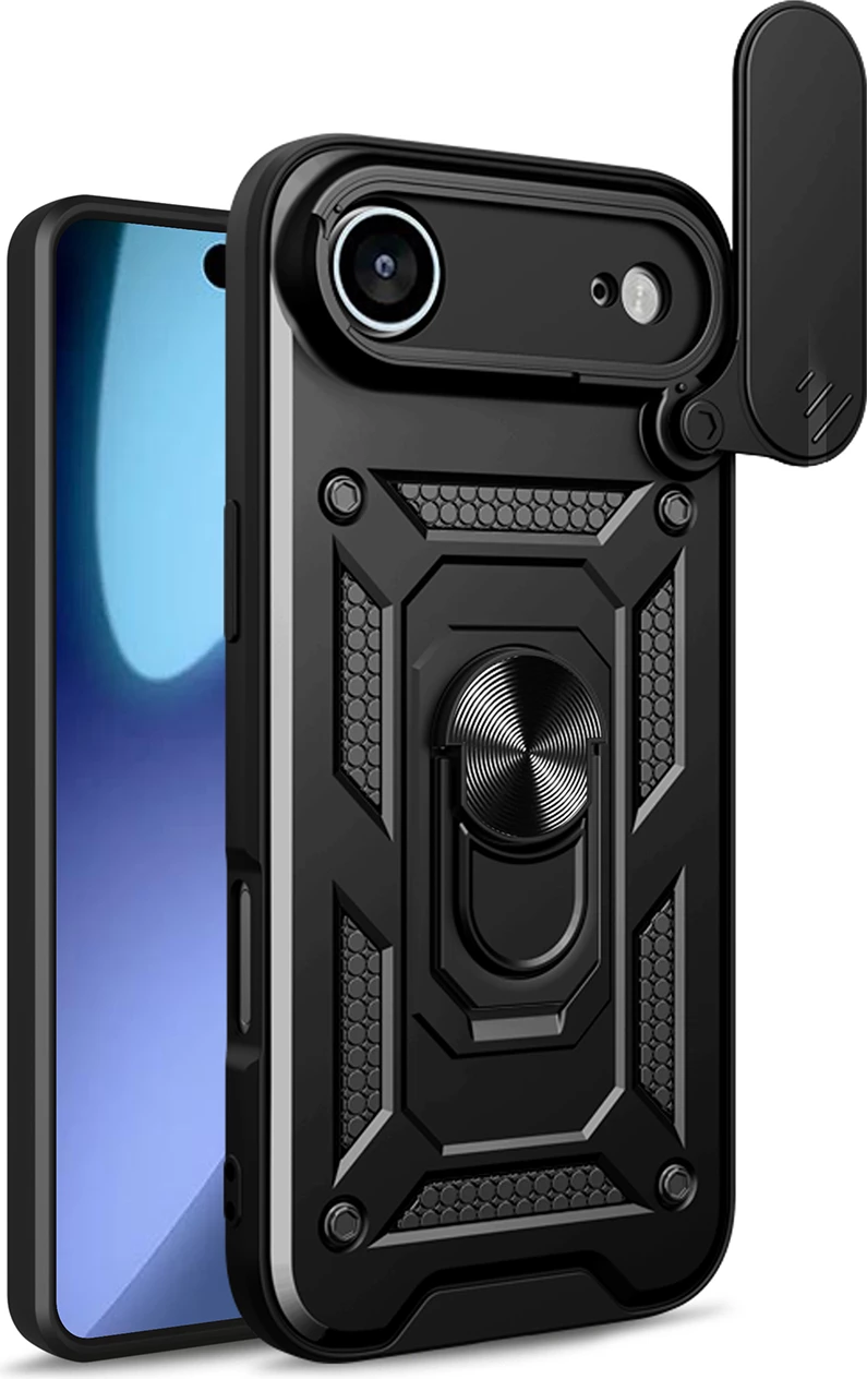 Mbështjellës Hurtel Hybrid Armor Camshield për iPhone 17 Air, me kapak kamere dhe mbajtëse, i zi