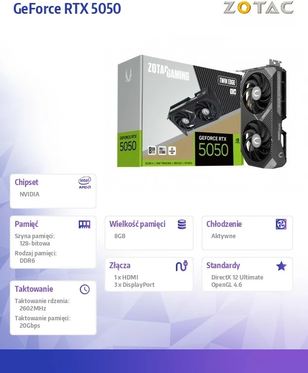 Kartë grafike, ZOTAC, GeForce RTX 5050 Twin Edge OC (ZT-B50500H-10M), 8GB GDDR6 128-bit, PCIe 5.0 x8, 3x DisplayPort + HDMI