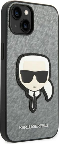 Mbështjellës Karl Lagerfeld KLHCP14SSAPKHG për iPhone 14 6.1", Saffiano Karl's Head Patch, argjend