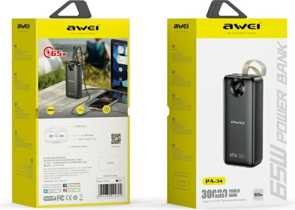 Powerbank Awei PA-34, 30000mAh, 65W, e zezë