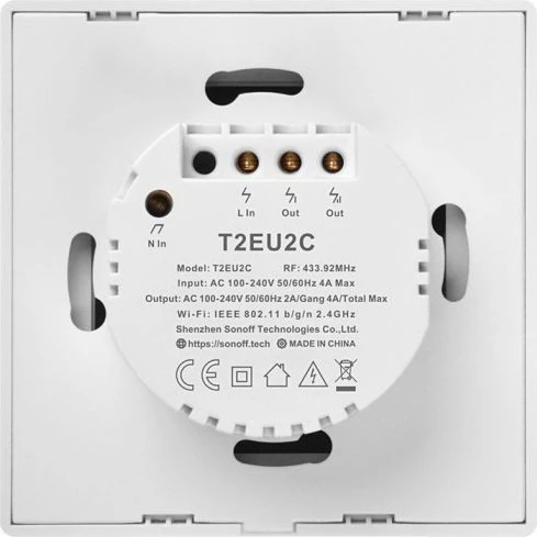 Switch muri smart SONOFF T2EU2C-TX, Wi‑Fi + RF433, 2 butona, bardhë