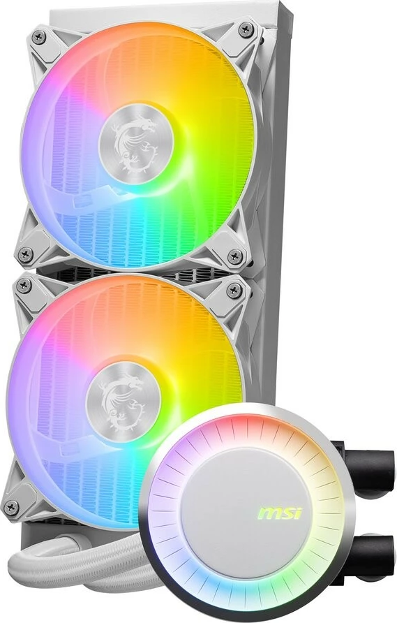 Ftohës CPU AIO, MSI, MAG CORELIQUID E240, radiator 240 mm 2x120 mm ARGB, kompatibil LGA1700/AM5, e bardhë