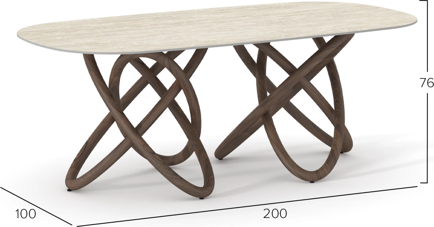 Tavolinë ngrënieje ORBITER, sipërfaqe qeramike, këmbë dru frashëri ngjyrë arre, 200x100x76.5cm