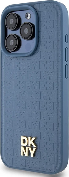 Mbështjellës DKNY Leather Monogram Pattern Metal Logo MagSafe për iPhone 15 Pro, Kaltër