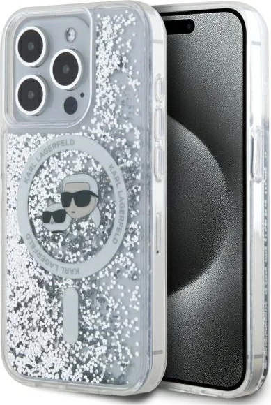 Mbështjellës Karl Lagerfeld Liquid Glitter Karl & Choupette Head MagSafe për iPhone 15 Pro, Transparent