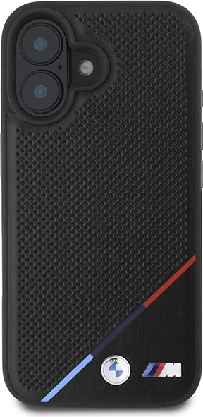 Mbështjellës BMW M Perforated Tricolor Line MagSafe për iPhone 16 Plus, Zi