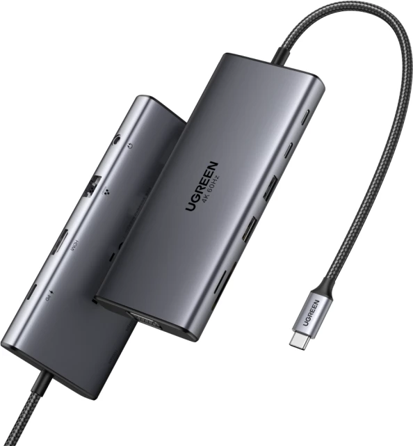 Hub USB-C UGREEN 45520 11-në-1, PD 100W, HDMI 4K@30Hz, VGA, RJ45 Gigabit, SD/TF, AUX 3.5mm, gri e errët