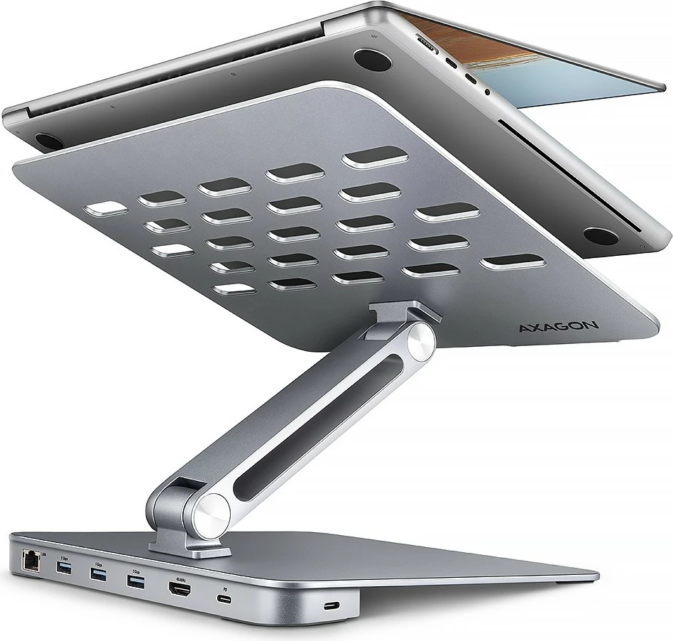 Mbajtës me hub 7-në-1 AXAGON HMC-STND, për laptop 10"-16", alumini, 3x USB-A, HDMI 4K, RJ-45, PD 100W, argjendtë