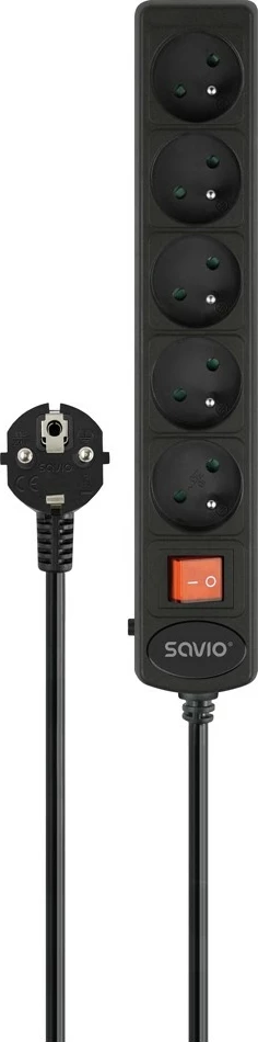 Listë rryme me mbrojtje nga mbitensioni, Savio LZ-18, 5 presa Type E, kabllo 5 m, 2500 W, çelës ON/OFF, Schuko, e zezë