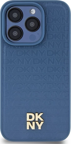 Mbështjellës DKNY Leather Monogram Pattern Metal Logo MagSafe për iPhone 15 Pro, Kaltër