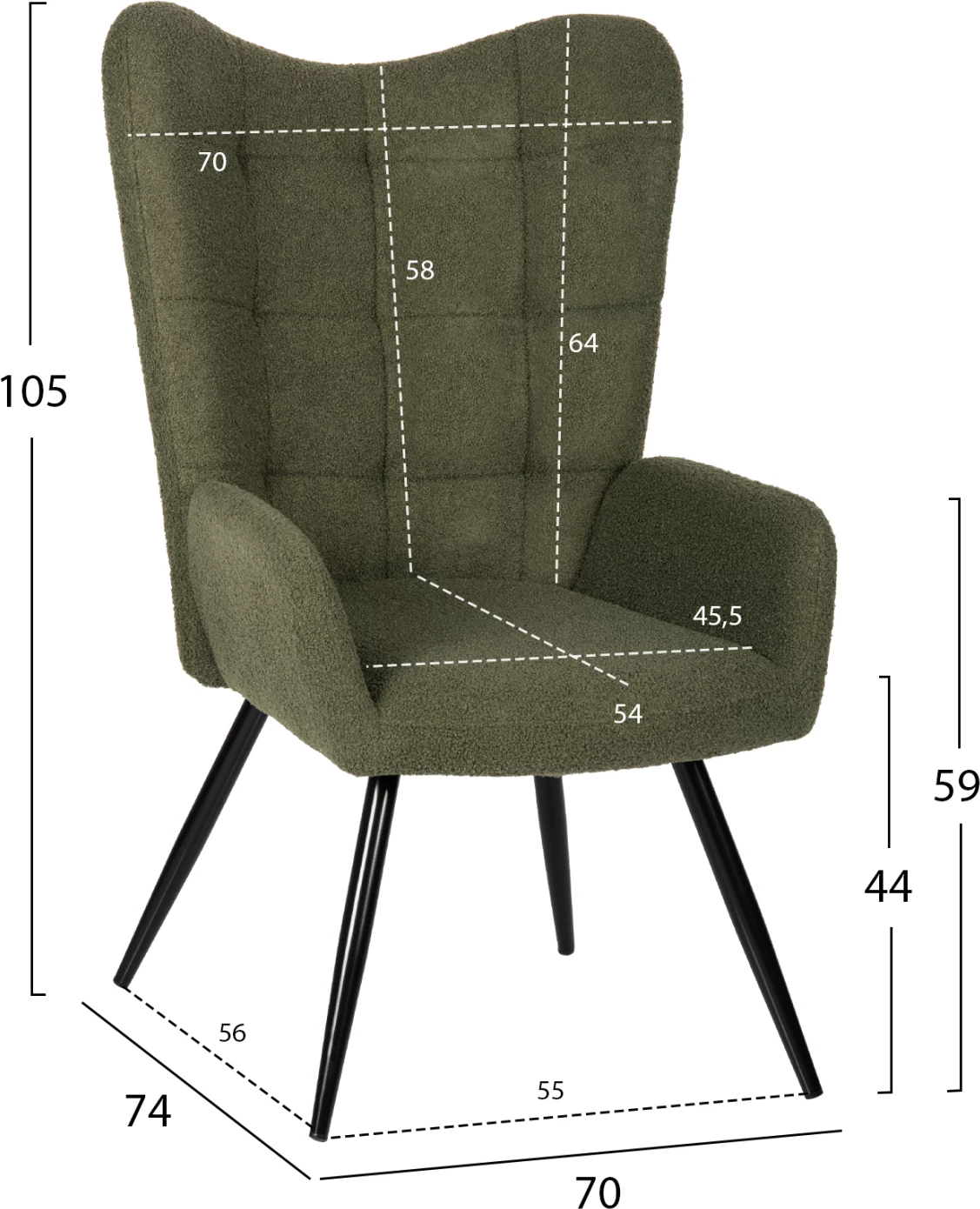 Karrige CRAWLEY me tabure FH8918.23 ngjyrë jeshile selvi, pëlhurë boucle, këmbë metalike të zeza, 70x74x105H cm