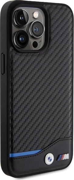 Mbështjellës BMW Leather Carbon për iPhone 15 Pro Max, i zi