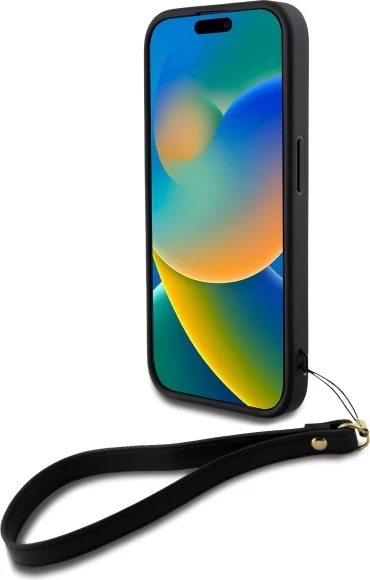 Mbështjellës DKNY Wrist Strap Stock Logo për iPhone 16, i zi