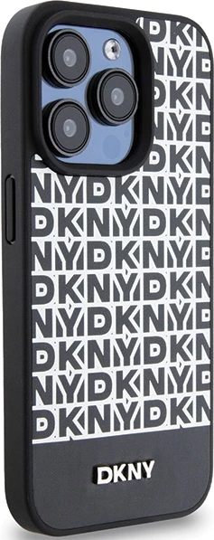 Mbështjellës DKNY Leather Printed Pattern Metal Logo MagSafe për iPhone 15 Pro Max, Zi