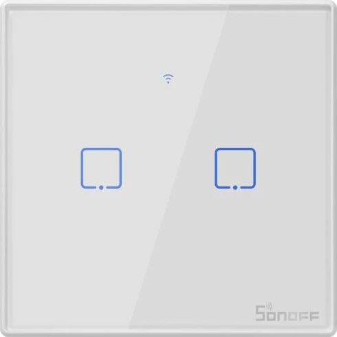 Switch muri smart SONOFF T2EU2C-TX, Wi‑Fi + RF433, 2 butona, bardhë