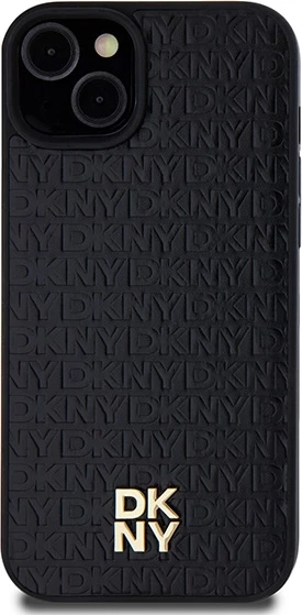 Mbështjellës DKNY Leather Monogram Pattern Metal Logo MagSafe për iPhone 15 Plus / 14 Plus, i zi