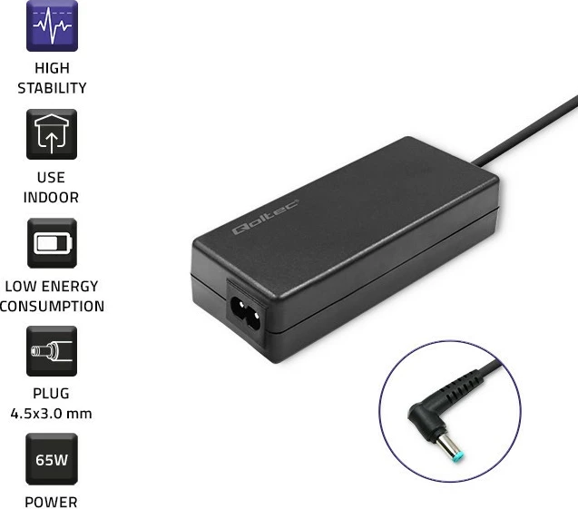 Adapter rryme për laptop Qoltec 51555, 65W, 19.5V, 3.33A, 4.5x3.0 mm, i zi