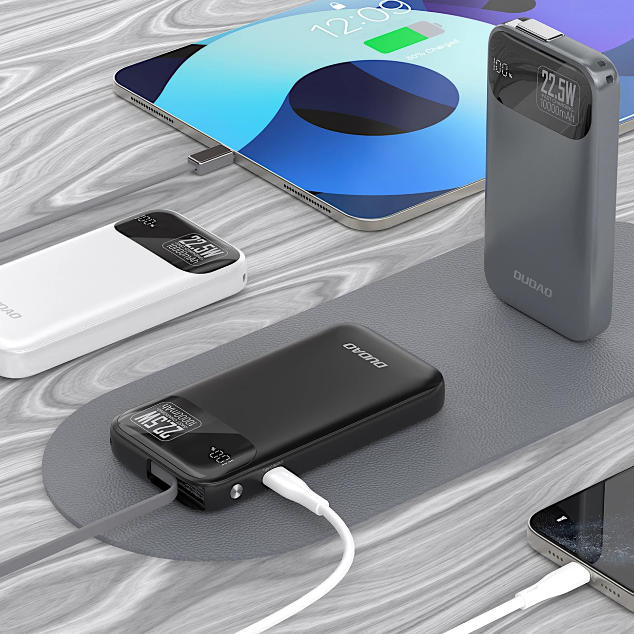 Powerbank Dudao K31, 10000 mAh, 22.5W, me kabllo të integruar, Gri