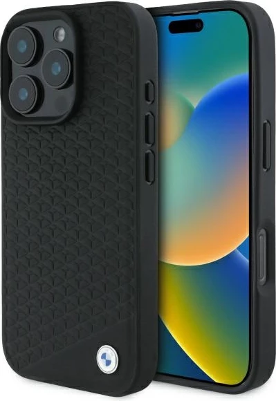 Mbështjellës BMW Sign Leather Diamond Metal Logo MagSafe për iPhone 16 Pro, i zi