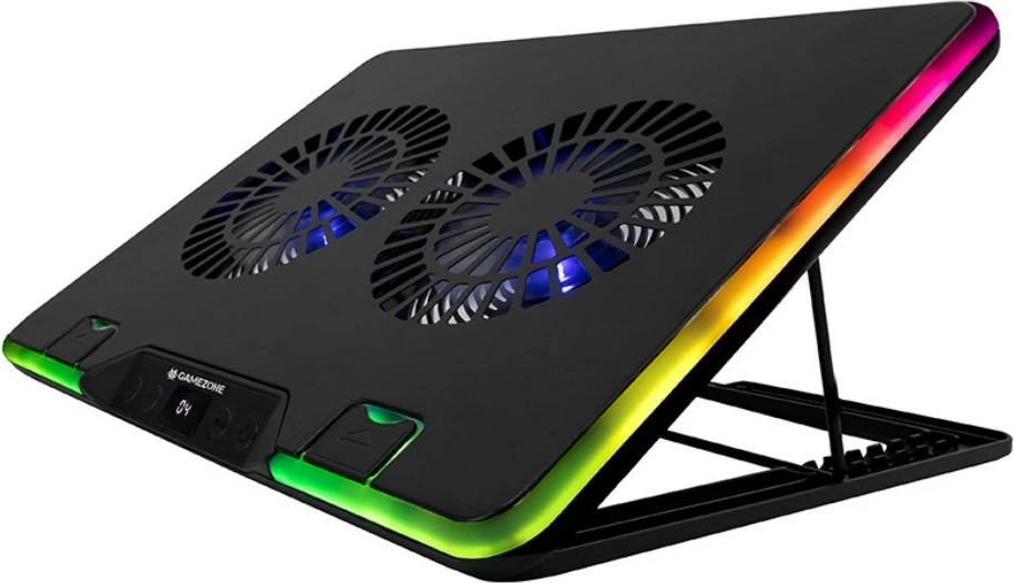 Bazë ftohëse laptopi, Tracer, GameZone Snowman PRO TRASTA47590, për 17.3 inch, 2 ventilatorë 90 mm 1350 RPM, 6 nivele rregullimi, ekran shpejtësie, RGB, 2x USB, e zezë