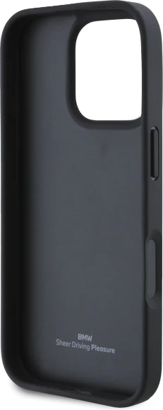 Mbështjellës BMW Sign Leather Crossing Lines Pattern për iPhone 16 Pro Max, lëkurë, zi