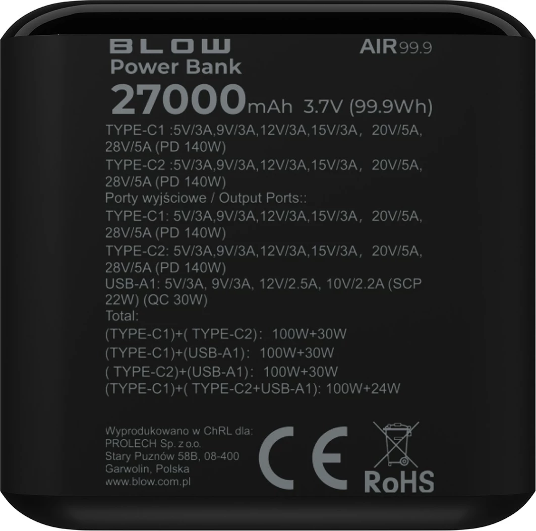 Power bank BLOW AIR99.9 27000mAh PD+QC 140W 3 porta LCD, e zezë