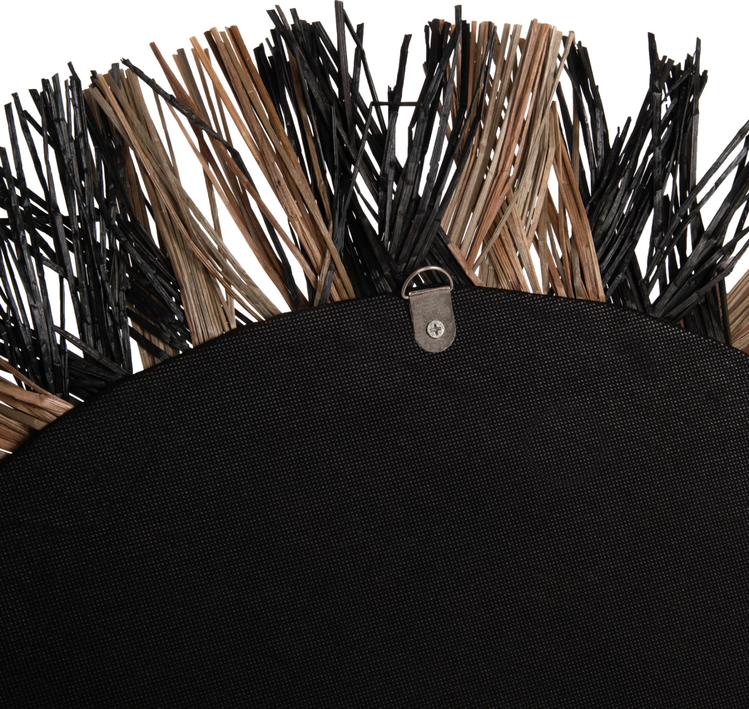 Pasqyrë muri e rrumbullakët, FH7833, kornizë e thurur nga bari Mendong, ngjyrë e zezë dhe natyrale, Φ70 cm