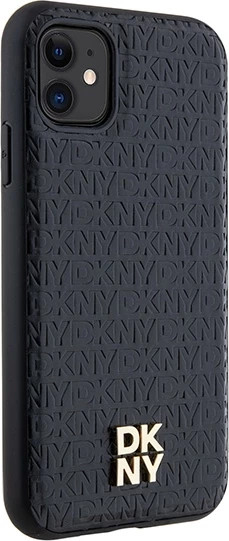 Mbështjellës DKNY Leather Monogram Pattern Metal Logo MagSafe për iPhone 11/XR, i zi