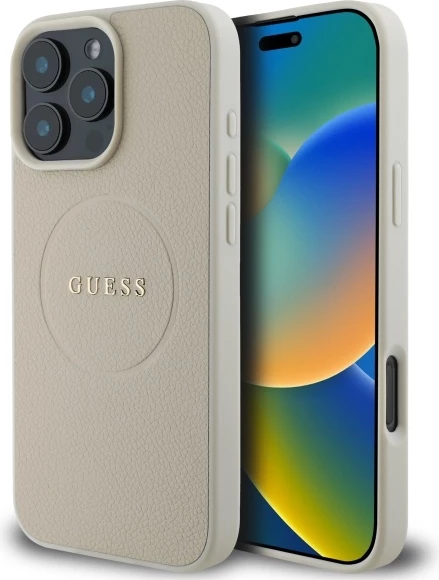 Mbështjellës Guess Grained Ring MagSafe për iPhone 16 Pro Max, Bezhe