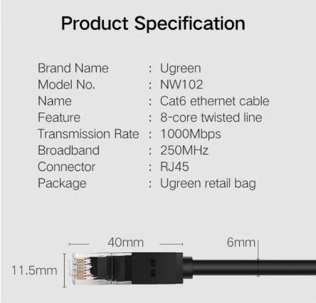 Kabl LAN UGREEN Cat6 UTP 15m RJ45 1000Mbps, zi, polybag