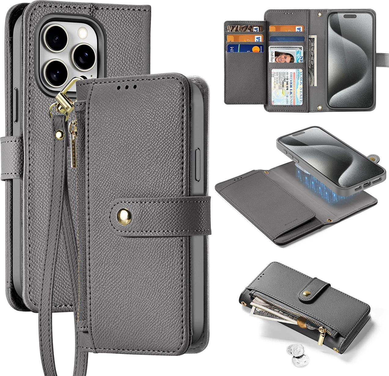 Mbështjellës Dux Ducis Lawa për iPhone 15 Pro Max, lëkurë, me portofol magnetik, Gri