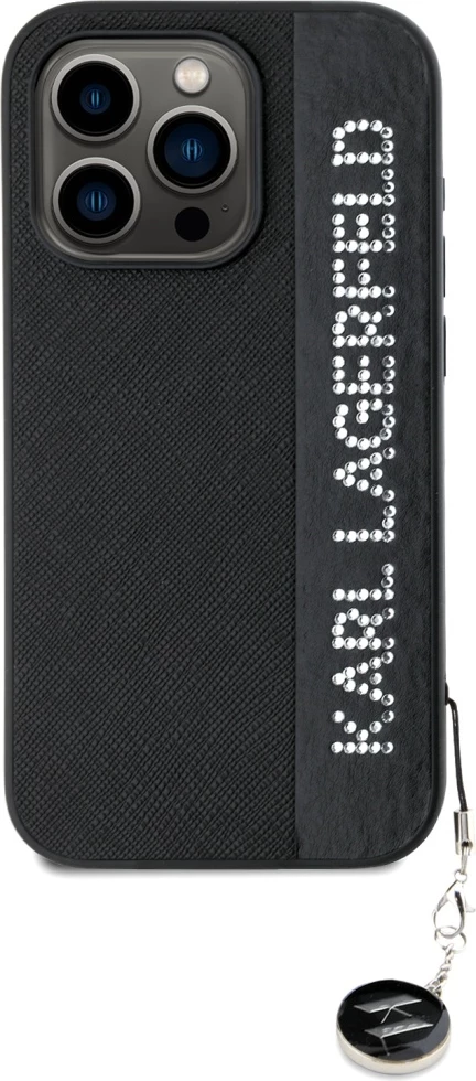 Mbështjellës Karl Lagerfeld Saffiano Rhinestones & Charm për iPhone 15 Pro Max, i zi