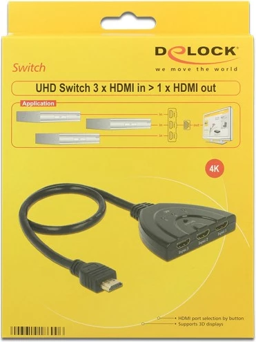Switch HDMI DeLOCK 18600, 3 hyrje, 1 dalje, 4K 60Hz, 0.5m, i zi
