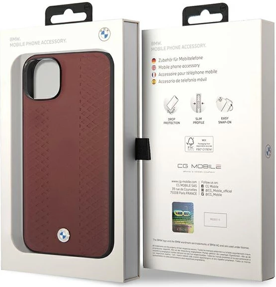 Mbështjellës BMW BMHCP14S22RFGR për iPhone 14 6.1", lëkurë, Diamond Pattern, e kuqe burgundy
