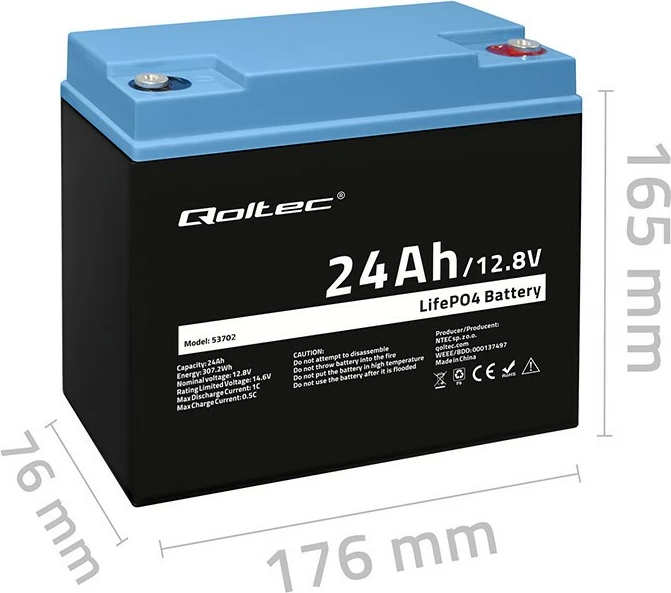 Bateri LiFePO4 Qoltec 53702, 24Ah, 12.8V, me BMS