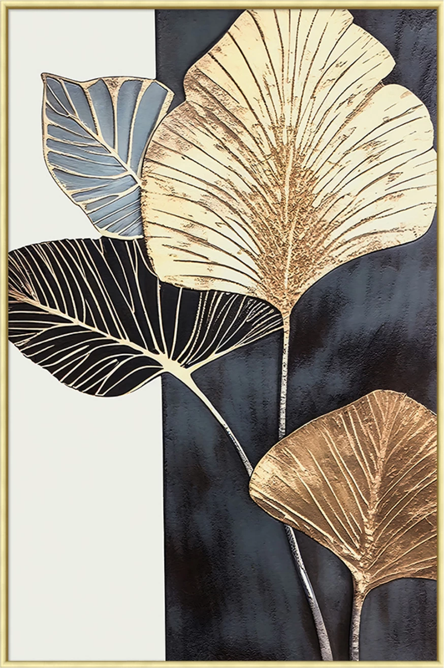 Pikturë muri FH4546.02, ngjyrë bezhë, kornizë PS, kanavacë e printuar me gjethe të gjera, 52,5x2,8x72,5H cm