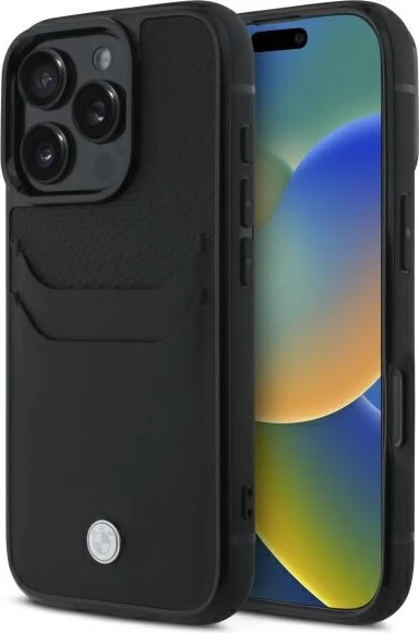Mbështjellës BMW Sign prej lëkure për iPhone 16 Pro Max, i zi