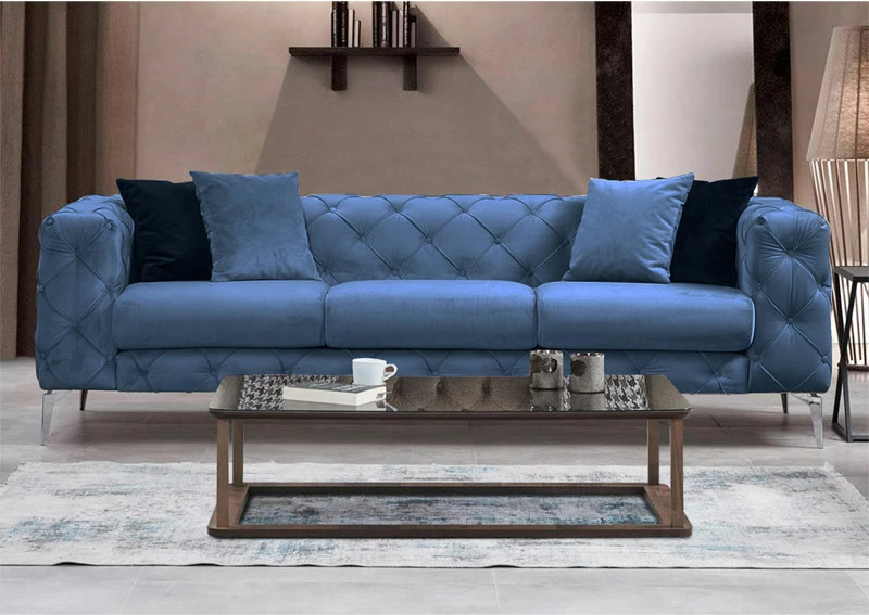 Divan treshe Chesterfield, ngjyrë e kaltër e çelët, PWF-0579, 237x90x73 cm