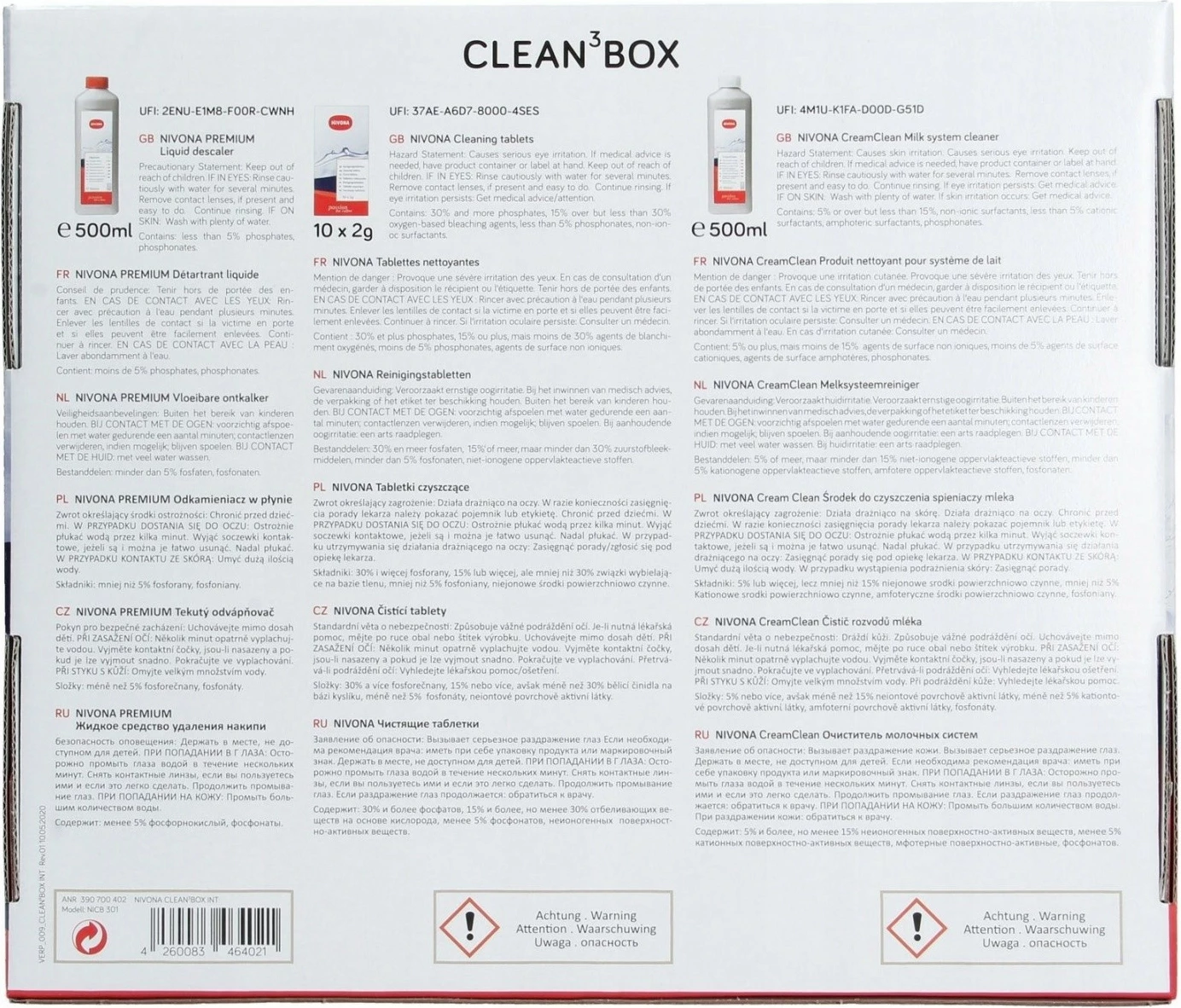 Set mirëmbajtje për makinë kafeje Nivona Clean3Box, përfshin descaler, pastrues qumështi dhe tableta pastruese