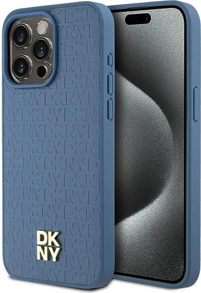 Mbështjellës DKNY Leather Monogram Pattern Metal Logo MagSafe për iPhone 15 Pro Max, Kaltër