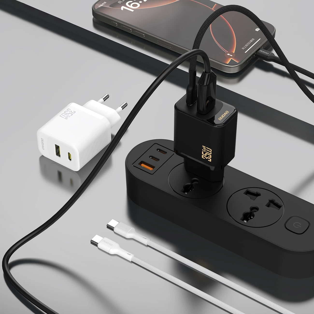 Karikues muri, Dudao, A27 Max, 35W GaN, 2 porta USB-C + USB-A, PD, prizë EU, pa kabllo, e bardhë