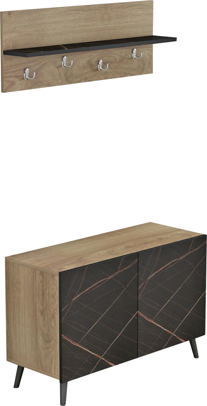 Set mobiljesh për hyrje DELPHINE FH8876.12 melaminë në ngjyrë mermeri të zi-dru natyral 80x31,3x41,5Hcm