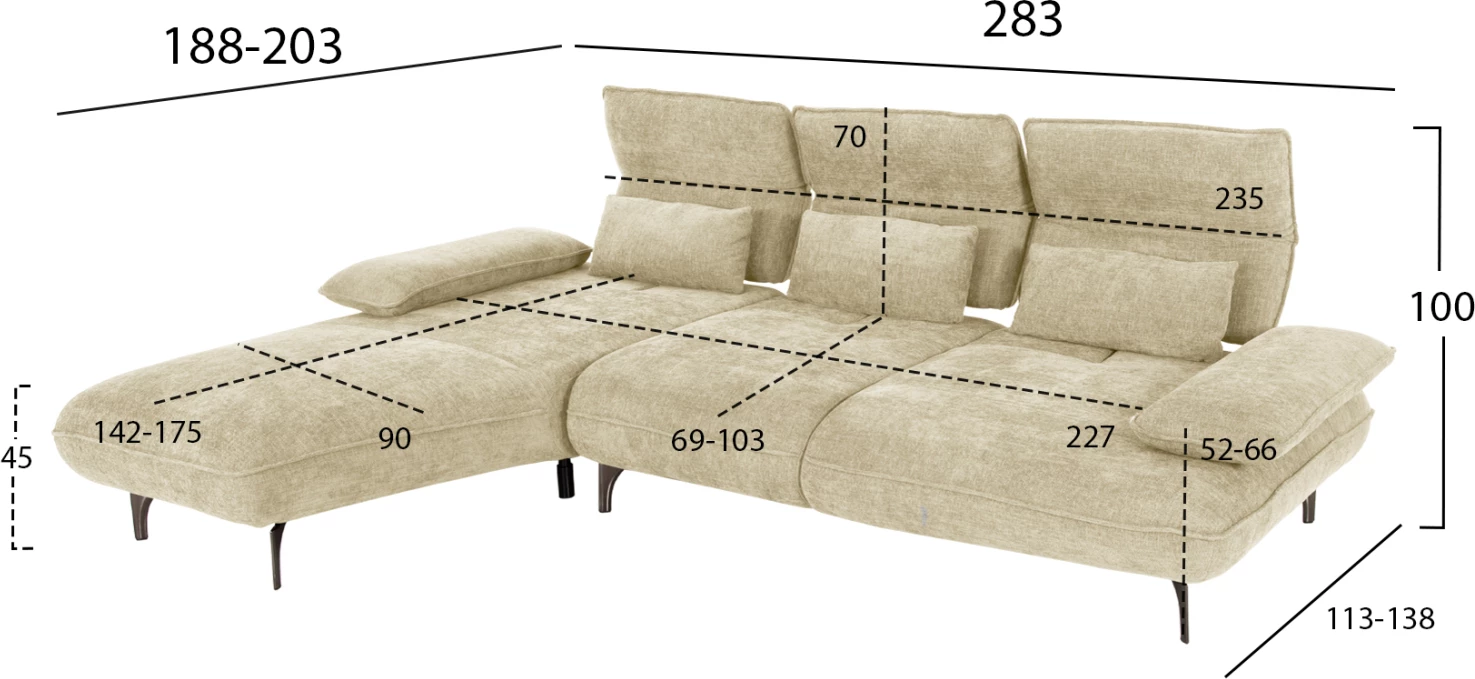 Divan-krevat këndor (majtas) CONVERT FH3268.01L, pëlhurë ecru, 283x188x100H cm