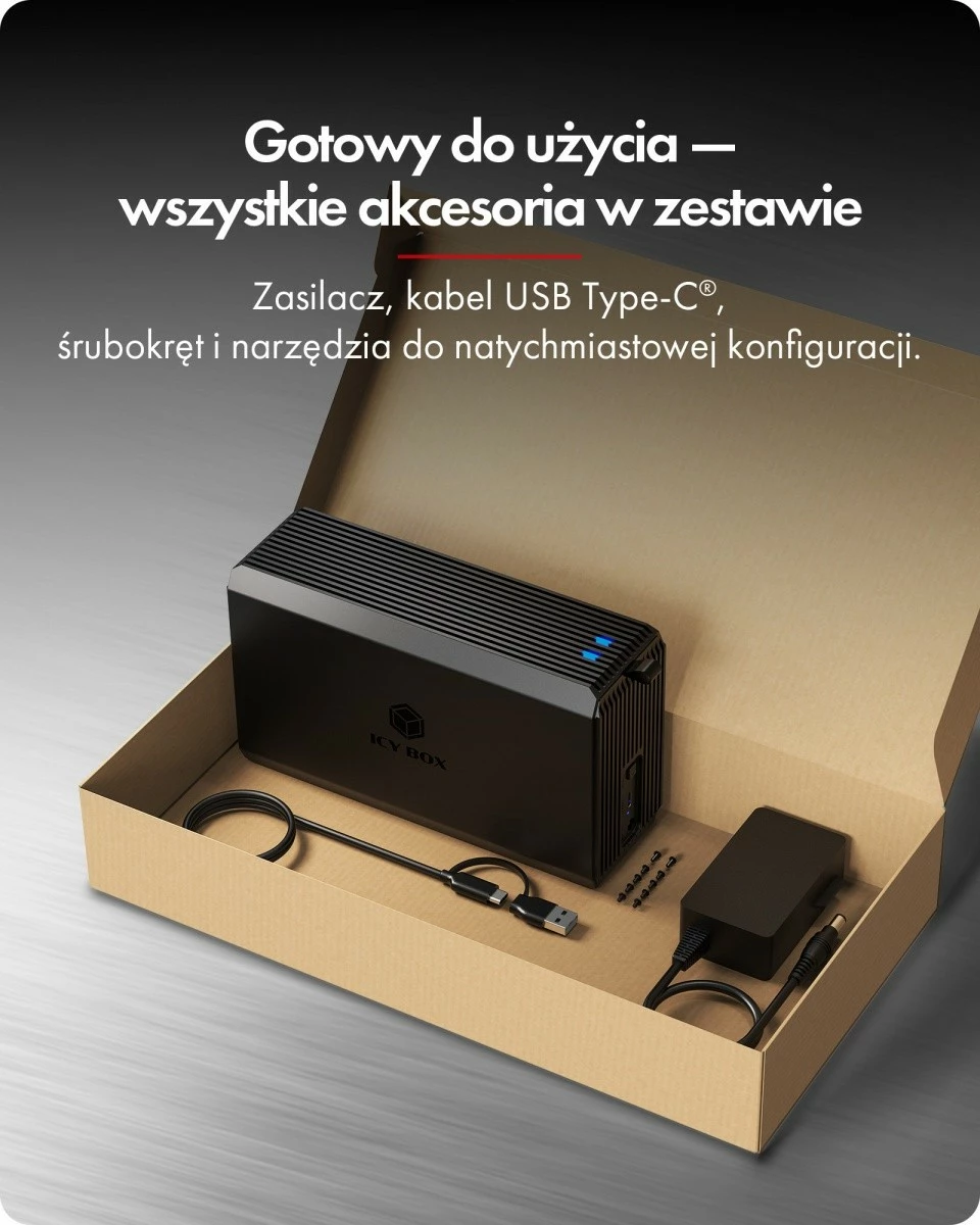 Kasë e jashtme RAID, Icy Box IB-RD3720-CU3, 2x 2.5"/3.5" SATA, USB 3.2 Gen 1 Type‑C 5 Gb/s, deri 60 TB, alumini, e zezë