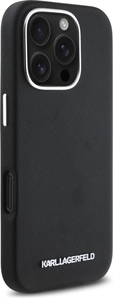 Mbështjellës Karl Lagerfeld Saffiano Full Wrapped Elongated Metal Logo MagSafe për iPhone 16 Pro Max, Zi